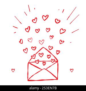 Handgezeichnete Kritzelei eines offenen Umschlags mit kleinen Herzen, die herausfliegen. Stock Vektor