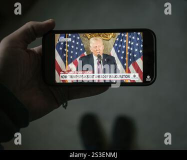 Donalld Trump hielt am 7. Januar 2025 eine Pressekonferenz ab, um die territoriale Expansion nach Kanada und Grönland zu diskutieren Stockfoto