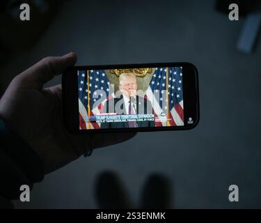 Donalld Trump hielt am 7. Januar 2025 eine Pressekonferenz ab, um die territoriale Expansion nach Kanada und Grönland zu diskutieren Stockfoto