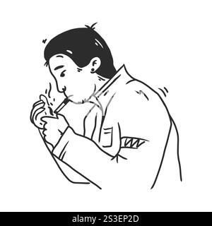 Schwarze Strichgrafik-Illustration eines Mannes mit Feuerzeug Stock Vektor
