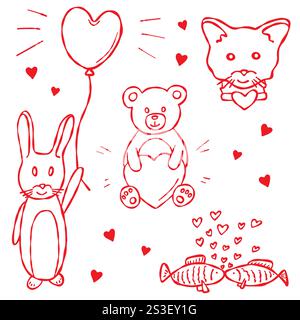 Set handgezeichneter Tiersymbole: Fisch, Kaninchen, Teddybär und Katze mit Herzen. Stock Vektor