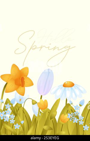 Farbenfrohe Frühlingsblumen blühen in fröhlichem Design und feiern die Ankunft des Frühlings mit lebhaften Farbtönen, Hallo Frühling Stock Vektor