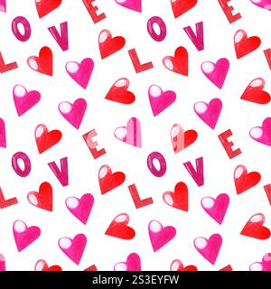 Nahtloses Muster in Aquarellrot und rosa Herzen. Liebe Hintergründe. Helle valentinstag-Textur für Geschenkpapier, Scrapbooking-Papier Stockfoto