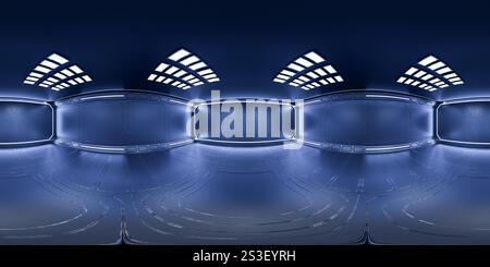 Sphärisches hdri-Panorama 360 Grad im Inneren der Garage, Umgebungskarte für Ihr Design, Panorama. Virtueller Ausstellungsraum. Futuristisches Zimmer virtua Stockfoto