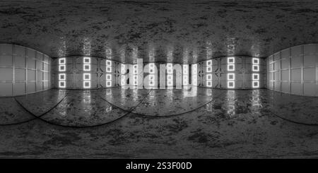 Hangar, Ausstellungshalle, 360 Panorama. Nahtloses, sphärisches hdri-Panorama von 360 Grad im Inneren einer futuristischen Garage, eines Lagerhauses, eines Korridors. Stockfoto