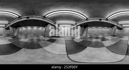 Leeres Zimmer ohne Renovierung. Nahtloses, sphärisches hdri-Panorama von 360 Grad im Inneren einer dunklen Garage, eines Lagerhauses, eines Korridors. Innenraum eines Stockfoto