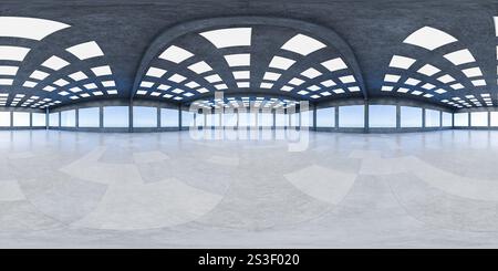 Nahtloses, sphärisches hdri-Panorama von 360 Grad im Inneren einer futuristischen Garage, eines Lagerhauses, eines Korridors. Großer Hangar, Ausstellungshalle, 360 Panor Stockfoto