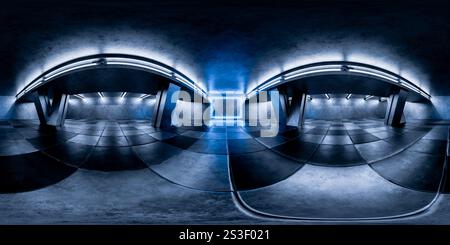 Nahtloses, sphärisches hdri-Panorama von 360 Grad im Inneren einer dunklen Garage, eines Lagerhauses, eines Korridors. Innenraum einer Betonausstellungshalle, 360 S. Stockfoto