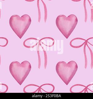 Romantisches Muster aus rosafarbenen Herzen und zarten Schleifen in einem sich wiederholenden Design. Aquarell-Clipart mit liebevollem Gefühl, perfekt für Valentinstag D Stockfoto