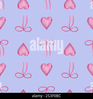 Romantisches Muster aus rosafarbenen Herzen und zarten Schleifen in einem sich wiederholenden Design. Aquarell-Clipart mit liebevollem Gefühl, perfekt für Valentinstag D Stockfoto