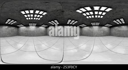 Innenraum einer Betonausstellungshalle, 360 Panorama. Leerer Raum ohne Reparatur. 360°-Panorama im Inneren einer dunklen Garage, eines Lagerhauses. Voll Stockfoto