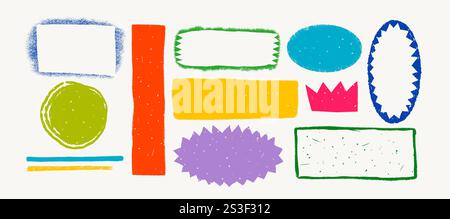 Einfache Sticker und Rahmen mit verschiedenen Mustern im rauen rustikalen Stil. Handgezeichnete Vintage-Abzeichen, Banner und andere Formen mit Texturen und Stock Vektor