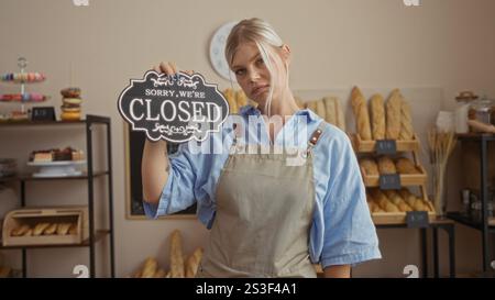 Junge Frau in Schürze mit blonden Haaren hält das Schild in einer Bäckerei, gefüllt mit Brot und Gebäck Stockfoto