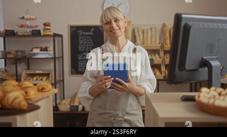 Die Frau steht in einer gemütlichen Bäckerei und hält eine Tablette mit frischem Brot und Gebäck um sich herum. Sie verbindet moderne Technologie mit traditionellem Backen und lächelndem c Stockfoto