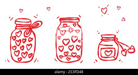 Set handgezeichneter Gläser mit Liebe, gefüllt mit Herzen. Stock Vektor