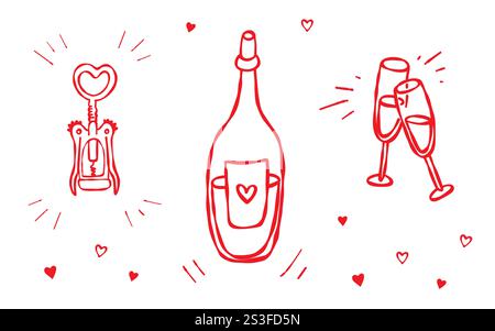 Handgezeichnetes Kritzelset aus Wein- oder Sektflasche, Sektgläsern und herzförmigem Öffner. Stock Vektor