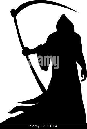 Eine grimmige Sensenmann-Silhouette, die in Schwarz gekleidet ist und große Sense trägt. Vektorsymbol auf transparentem Hintergrund Stock Vektor