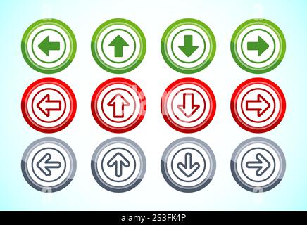 Design-Illustration mit Pfeil nach rechts, links, nach oben, nach unten, Pfeilzeichen für Apps und Websites, Schaltflächen-Design-Set Stock Vektor
