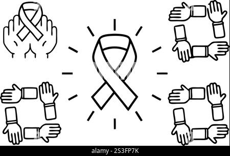 Gelbes Band Illustrationen kombiniert mit Händen für Krebsvorbeugung und Sensibilisierungskampagnen im Clean Vector Stil, World Cancer Day Line Art Icon se Stock Vektor