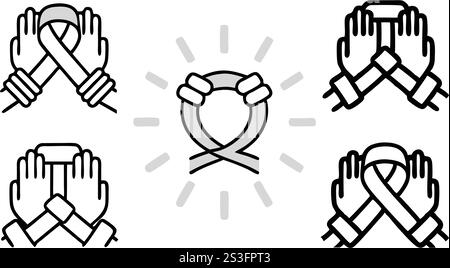 Sammlung von Vektorsymbolen mit Unterstützung von Krebs, Bewusstseinsbändern und Handsymbolen im klaren Stil, World Cancer Day Line Art Icon Set Stock Vektor