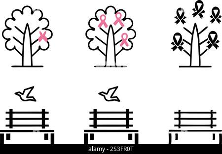 Illustrationen von Krebspräventionssymbolen mit Bäumen und Bewusstseinsbändern im Vektorstil, World Cancer Day Line Art Icon Set Stock Vektor