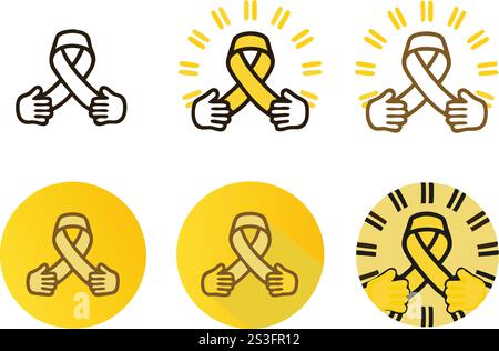 Sammlung von Symbolen für Krebsbewusstsein mit gelben Bändern und Handgesten in Line Art und Minimal Style, World Cancer Day Line Art Icon Set Stock Vektor