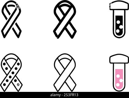 Illustrationen von Krebspräventionsbändern und Labor-Reagenzgläsern im sauberen Vektor-Stil für das Gesundheitswesen Visuals, World Cancer Day Line Art Icon Set Stock Vektor