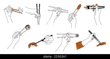 Set mit verschiedenen Händen, die japanische Essstäbchen halten Stock Vektor