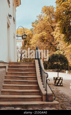Steintreppen steigen aus einem hellen Gebäude, sanft nach rechts geschwungen, mit einem schwarzen Metallgeländer. Herbstliche Bäume mit goldenen Blättern bilden A Stockfoto