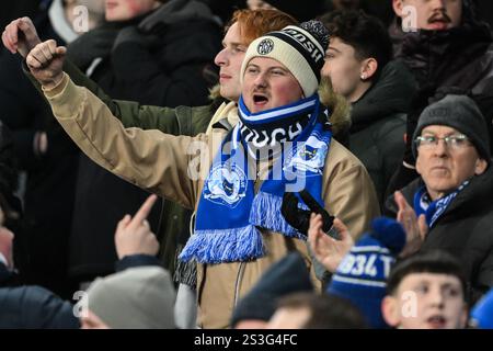 Liverpool, Großbritannien. Januar 2025. Fans von Peterborough United beim Emirates FA Cup 3. Runde Spiel Everton gegen Peterborough United im Goodison Park, Liverpool, Vereinigtes Königreich, 9. Januar 2025 (Foto: Craig Thomas/News Images) in Liverpool, Vereinigtes Königreich am 2025. (Foto: Craig Thomas/News Images/SIPA USA) Credit: SIPA USA/Alamy Live News Stockfoto