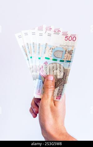 500 polnische Note in der Hand. Rechnungen mit Jan III. Sobieski Porträt. Stockfoto