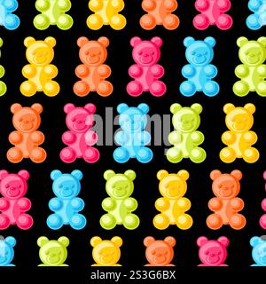 Ein wunderschönes nahtloses Muster mit fröhlichen Gummibären in einer Vielzahl lebendiger Farben. Perfekt angeordnete, skurrile Bonbons sorgen für einen verspielten Touch, Stock Vektor