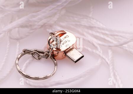 Rosafarbener SD-Mikroleser-Adapter auf Typ C-Anschluss. Hochwertige Fotos Stockfoto