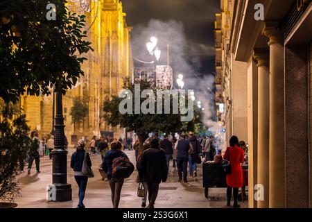 Eine Frau in rotem Kleid kauft in der Weihnachtszeit neben der beleuchteten Kathedrale von Sevilla in Sevilla, Spanien, geröstete Kastanien. Stockfoto