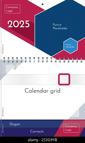 Standardmäßiger vierteljährlicher Wandkalender auf Federvorlage und Modell mit rotem Kunststofffenster mit Datumszeigern. Drei Blöcke von Kopf-, Kalender- und Fußzeile. Vect Stock Vektor