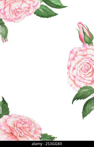 Handgemalter Blumenrahmen in Aquarellfarben mit rosa Rosen und grünen Blättern. Ideal für Hochzeitseinladungen, romantische Karten, Valentinstag-Designs, Luxus Stockfoto