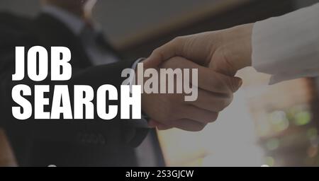Stellensuche. Bewerber und Arbeitgeber schütteln die Hände, Nahaufnahme. Bannerdesign Stockfoto