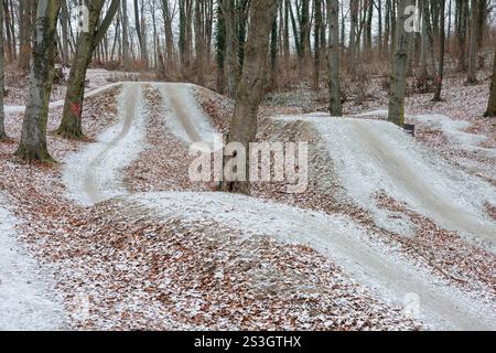 Drei Radwege mit Rampen für Tricks zwischen den Bäumen des Winterparks. Gelbes Laub und Schnee. Stockfoto