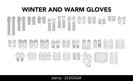 Set von Handschuhen - Winter und warme Mode mit Namen Hand Accessoire Kleidung technische Illustration Kleidung. Vektor für Männer, Frauen, Unisex flache Vorlage CAD-Zeichentrickstil isoliert auf weißem Hintergrund Stock Vektor