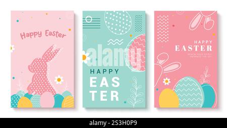 Happy easter wishes Clipart-Poster Hintergrund-Set. ClipArt-Kollektion mit grafischem Design für Häschen, Eier und Blumen am ostersonntag Stock Vektor