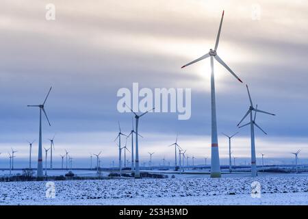 Windpark nördlich von Lichtenau, selbsternannte Energiestadt, erzeugen über 190 Windräder und über 1200 Solarpaneele zehnmal so viel Strom wie Stockfoto