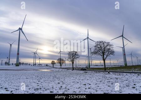 Landstraße, Windpark nördlich von Lichtenau, selbsternannte Energiestadt, über 190 Windturbinen und über 1200 Solarpaneele erzeugen zehnmal so viel Stockfoto
