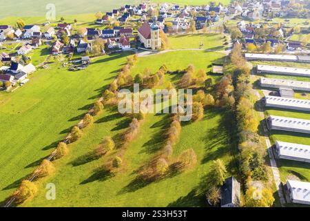 Blick aus der Vogelperspektive auf die Pilgerwiese mit Bäumen in Form eines Kreuzes, im Hintergrund Wallfahrtskirche mit Kloster und Dorf Rosen Stockfoto