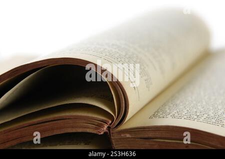 Alte offene zerfledderte Buch Seiten Closeup isoliert auf weißem Hintergrund Stockfoto