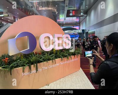 Las Vegas, USA.7. Januar 2025. Besucher besuchen die Consumer Electronics Show (CES) 2025 in Las Vegas, USA, 7. Januar 2025. Die Consumer Electronics Show (CES) 2025, die weltweit führende Tech-Show, wurde am Dienstag offiziell in Las Vegas eröffnet. Die jährliche Veranstaltung, die von Dienstag bis Freitag stattfindet, zieht mehr als 4.500 Aussteller aus mehr als 160 Ländern und Regionen an, darunter etwa 1.400 Startups. Quelle: Zhang Shuo/China News Service/Alamy Live News Stockfoto