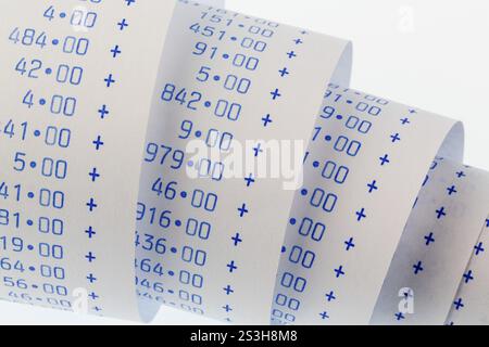 Der Berechnungsstreifen eines Taschenrechners auf weißem Hintergrund. Symbolisches Foto für Controlling, Buchhaltung, Steuern und Finanzen Österreich Stockfoto