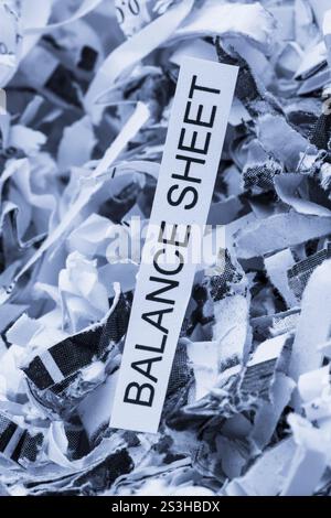 Papierschredder mit dem Stichwort Bilanz, symbolisches Foto für Datenvernichtung, Bilanzen und Buchhaltung Österreich Stockfoto