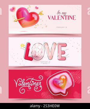 Design des Clipart-Banners zum Valentinstag. Happy valentine Wishes und Grußkarte ClipArt mit niedlichem Liebesbuchstaben Hintergrund. Vektorabbildung Stock Vektor