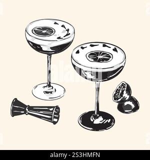 Vektorskizze von Martini und Cocktails, perfekt für Cocktailmotive. Ideal für Barmenüs und Poster Stock Vektor