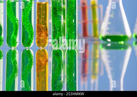 Industrielabor für Algenbrennstoffe, das nach Alternativen zu fossilen Algenbrennstoffen oder Algenbiotreibstoffen sucht. Konzept OHNE CO2-Emissionen. Stockfoto